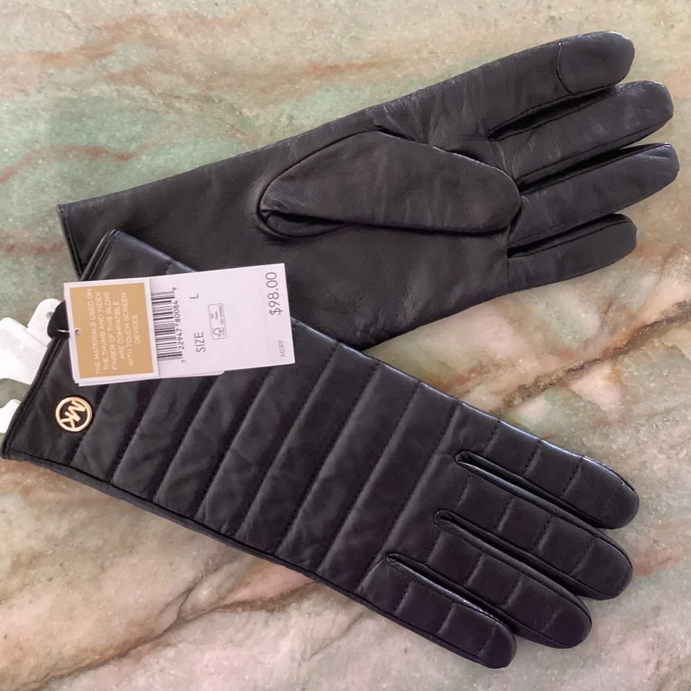 Michael Kors Quilted Leather Tech Gloves Fleece Lined Black Gold MK Logo - Picture 4 of 10